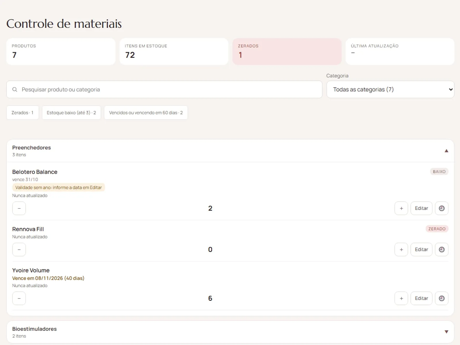 Tela de controle de estoque do sistema, com produtos, quantidades e alertas de validade